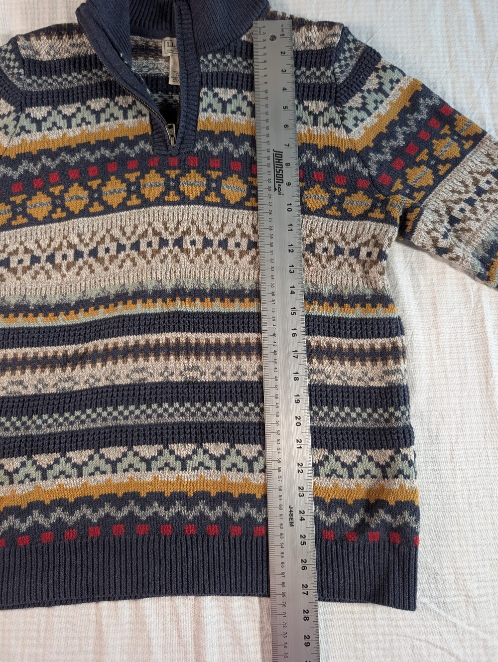 L.L. Bean Navy Fair Isle Zip-Neck Sweater with Mustard & Red Accents Large - Picture 4 of 7